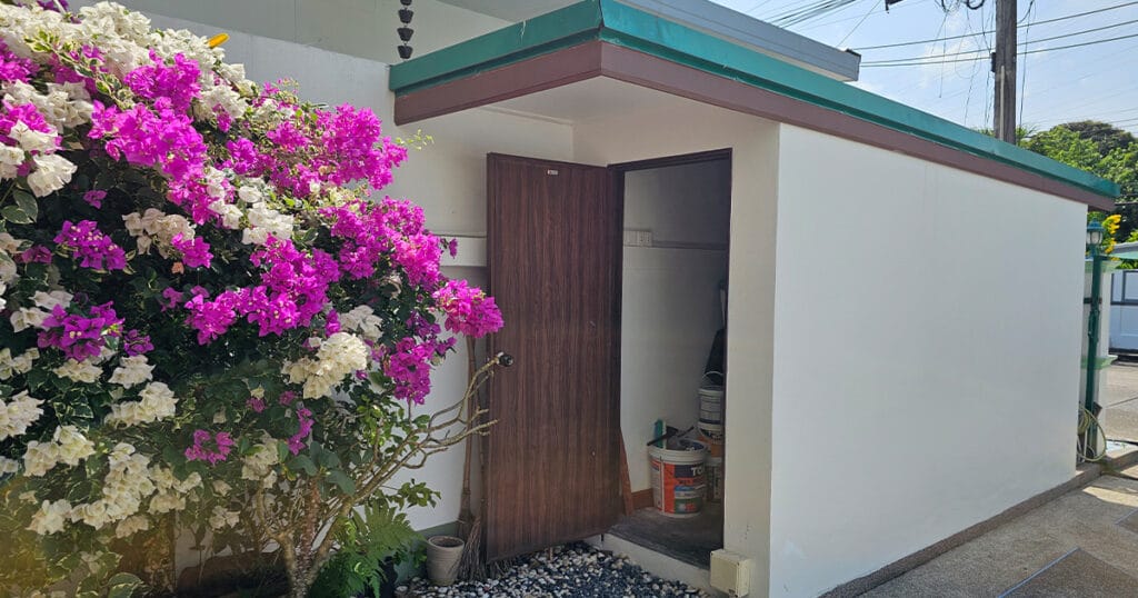 Exterior of the solar equipment room at Phuket Pool Villa, a dedicated building that houses the 10kW grid tied solar power system.