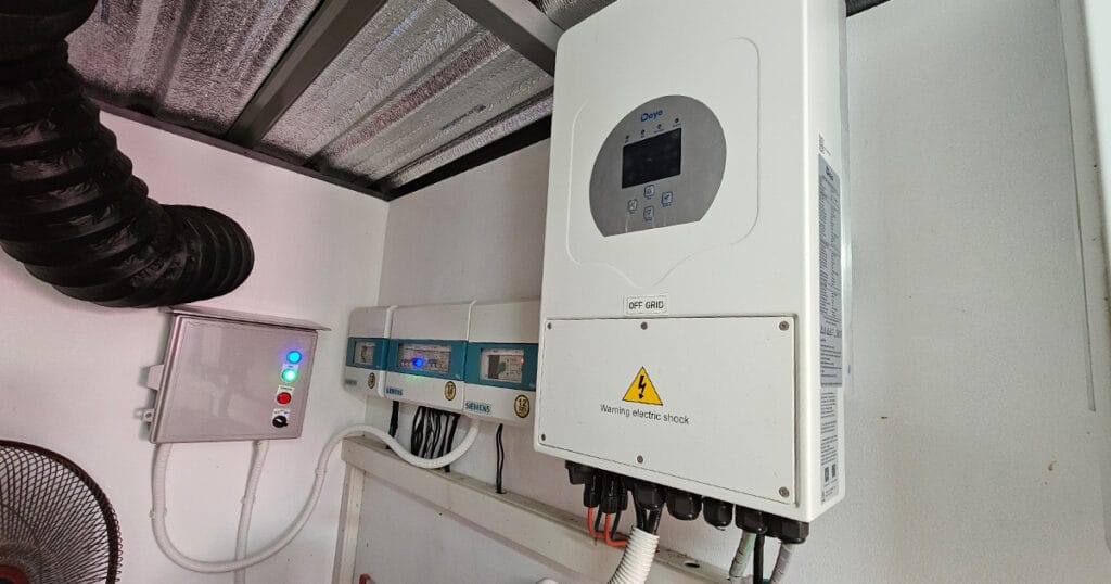 Battery storage unit and inverter equipment inside the Phuket Pool Villa solar control room for the 10kW grid tied solar system.